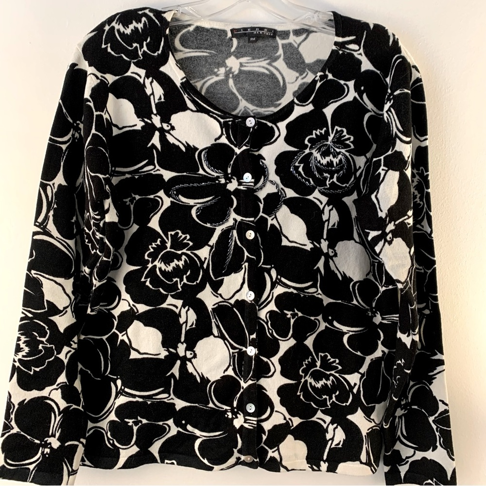 Pierre Black and White Floral Cardigan Sweater